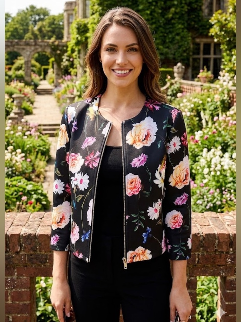 NWT Carmen Marc Valvo Floral Zip Front Bomber Jacket Cropped Scuba Knit - Size M